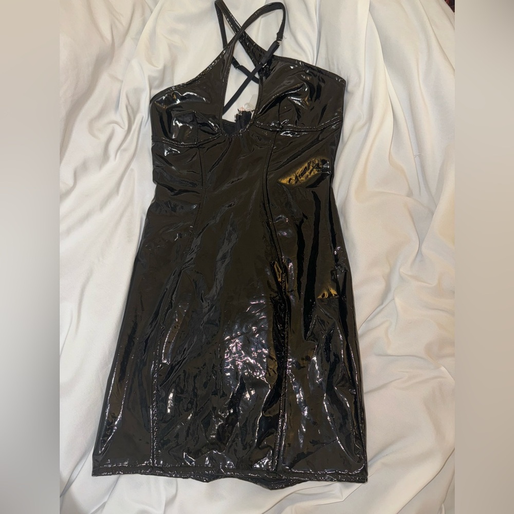 Brand New Oh Polly Black Latex Mini Dress - Size 4 US - UK 8